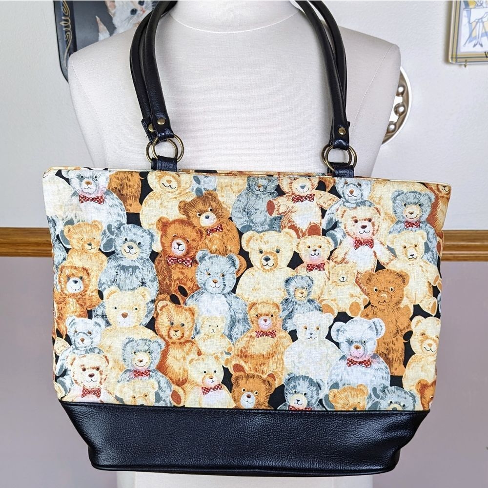 Vintage Teddy Bear Fabric Shoulder Purse Black Faux Leather